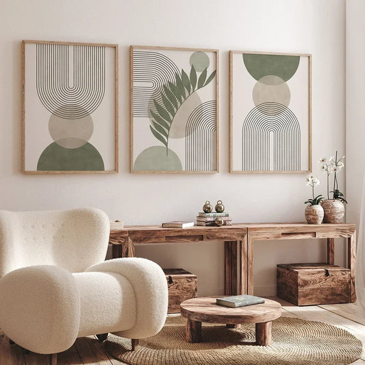 Modern Boho Geometry Wall Pictures | Sage Green Abstract Botanical Canvas Poster