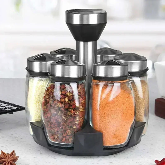 Modern Glass Seasoning Rack | Rotating Storage Holder with Salt Shakers