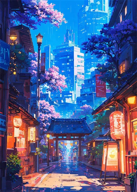 Modern Wall Art Prints | Japanese Street Scenery & Cherry Blossom Canvas