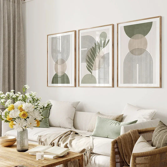 Modern Boho Geometry Wall Pictures | Sage Green Abstract Botanical Canvas Poster