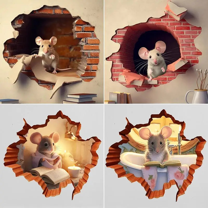 Whimsical Mouse Reading Book in Wall Hole Decal | Cute Mouse Hole Sticker