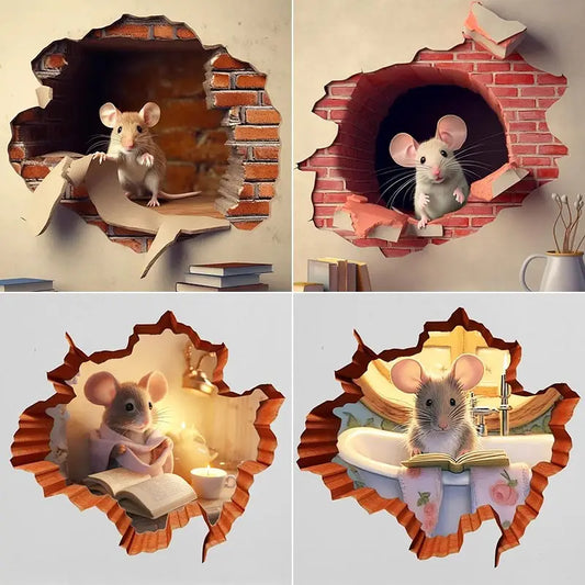 Whimsical Mouse Reading Book in Wall Hole Decal | Cute Mouse Hole Sticker