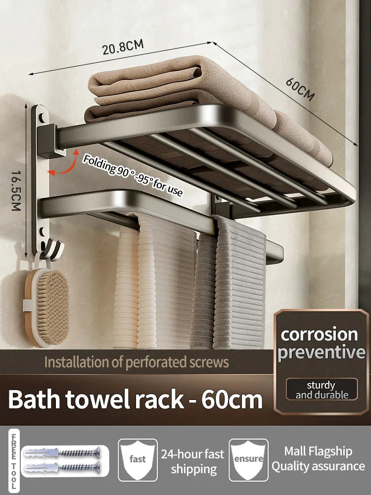 Thickened Grey/Black Bath Towel Rack | Wall Mount Space Aluminium Storage