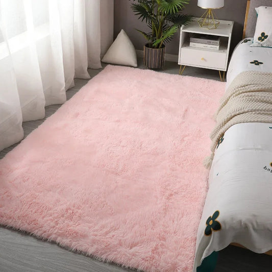 Soft Pink Kids Bedroom Rug | Cute Girls Floor Mat & White Fluffy Bedside Carpet