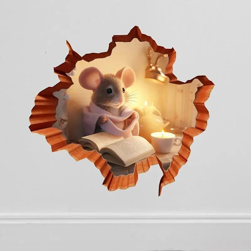 Whimsical Mouse Reading Book in Wall Hole Decal | Cute Mouse Hole Sticker