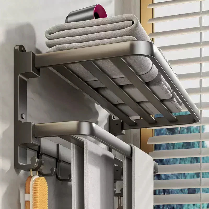 Thickened Grey/Black Bath Towel Rack | Wall Mount Space Aluminium Storage