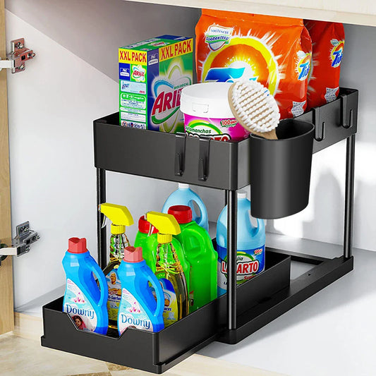Hanging Cup & Hooks Cabinet Organizer | 2-Tier Sliding Under Sink Rack