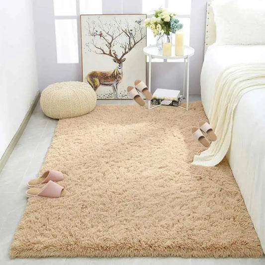 Soft Pink Kids Bedroom Rug | Cute Girls Floor Mat & White Fluffy Bedside Carpet