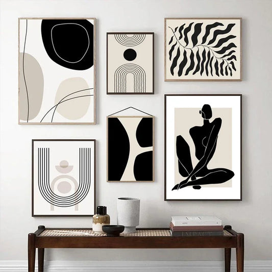 Nordic Black Beige Geometric Wall Art Print | Abstract Boho Canvas Painting