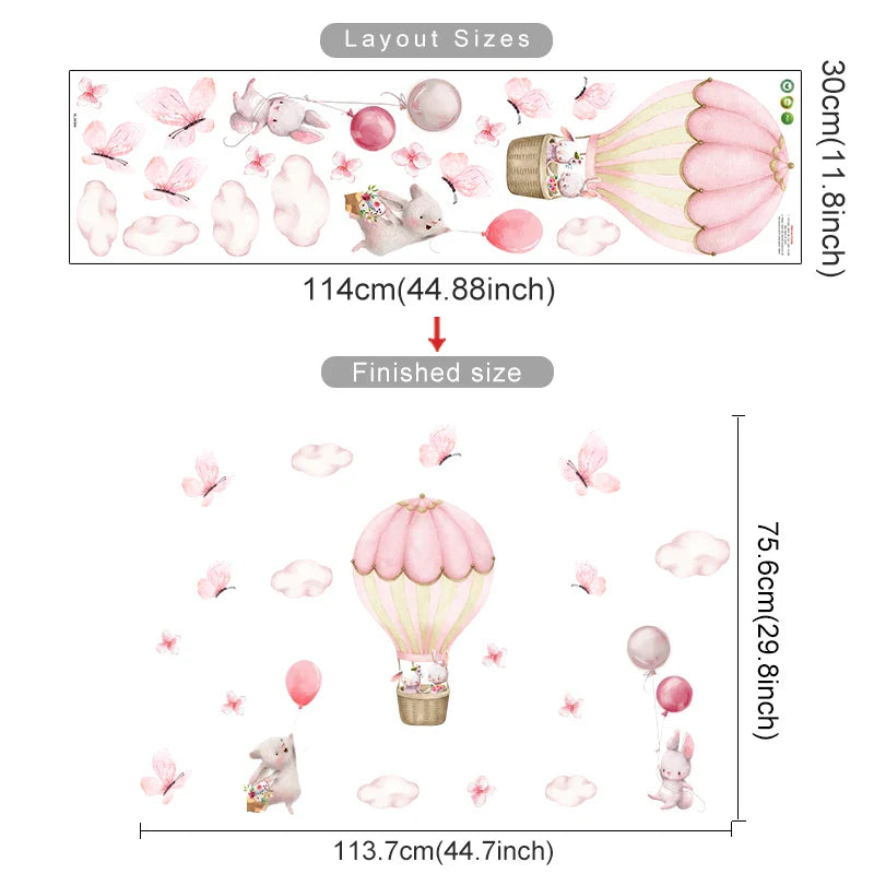 Cartoon Hot Air Balloon Wall Stickers | Animals, Bear & Rabbits Decals for Nursery