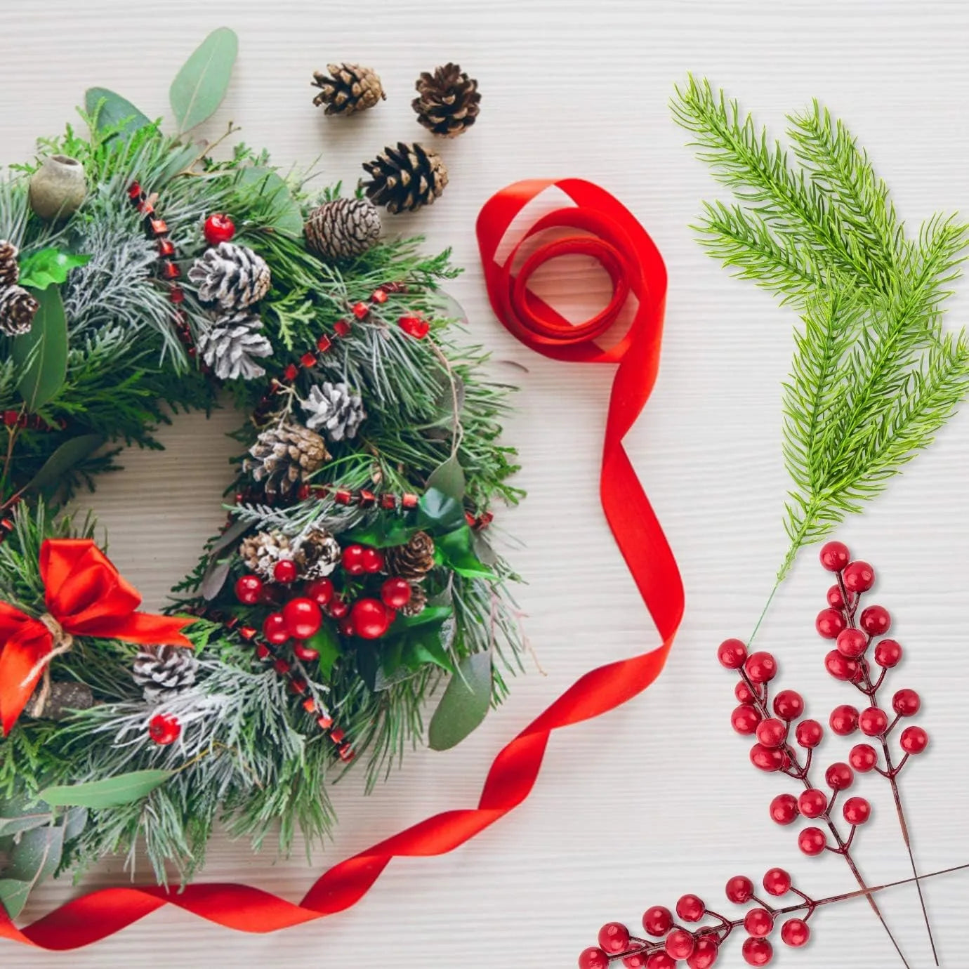 Christmas Tree Decoration Set (10PC) | Artificial Pine & Red Berry Branches