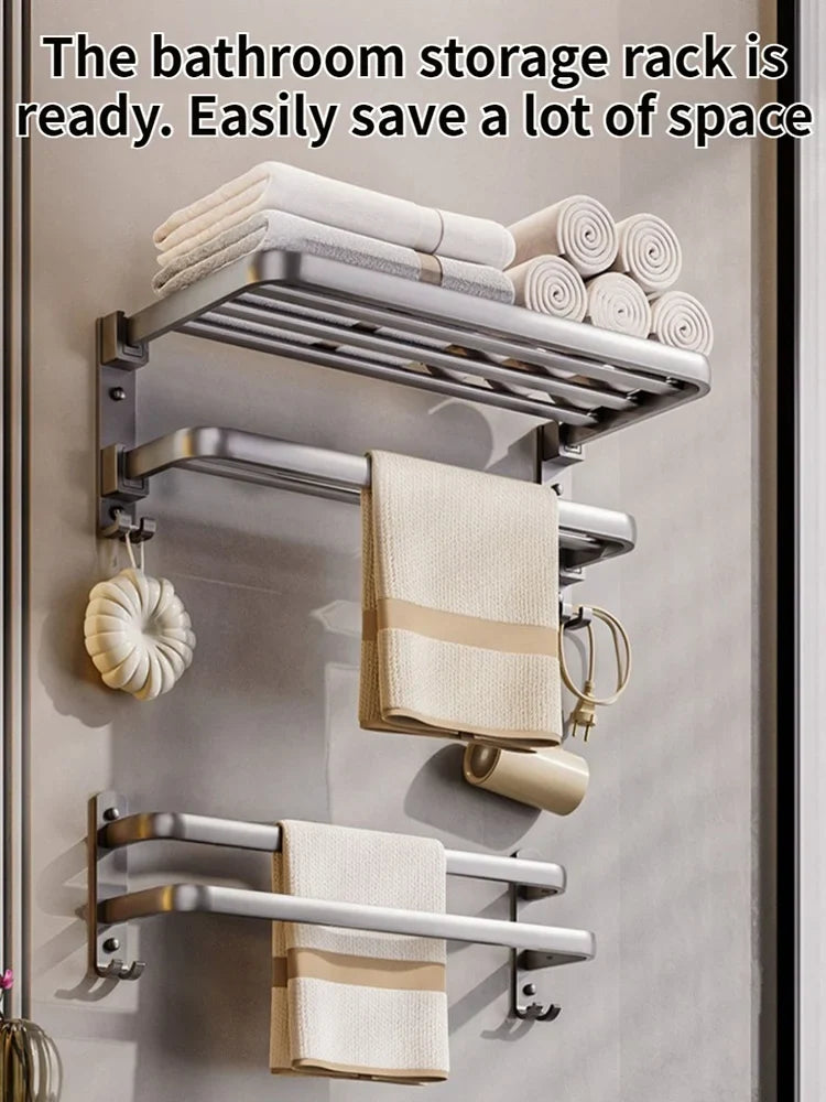 Thickened Grey/Black Bath Towel Rack | Wall Mount Space Aluminium Storage