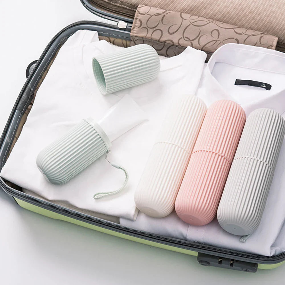 Portable Vertical Stripe Travel Toothbrush Box | Mouthwash & Toothpaste Storage