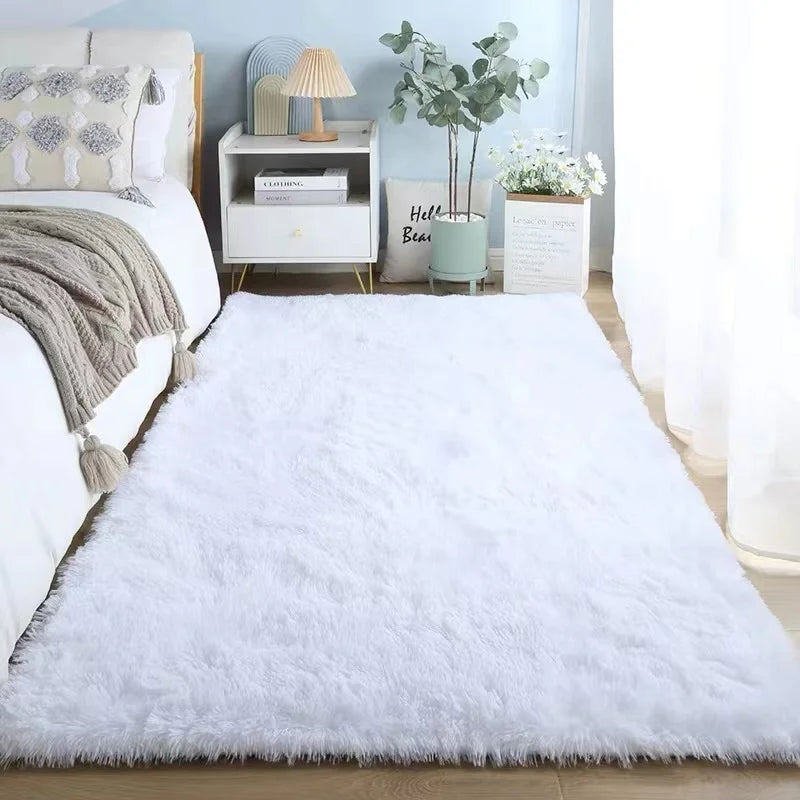 Soft Pink Kids Bedroom Rug | Cute Girls Floor Mat & White Fluffy Bedside Carpet