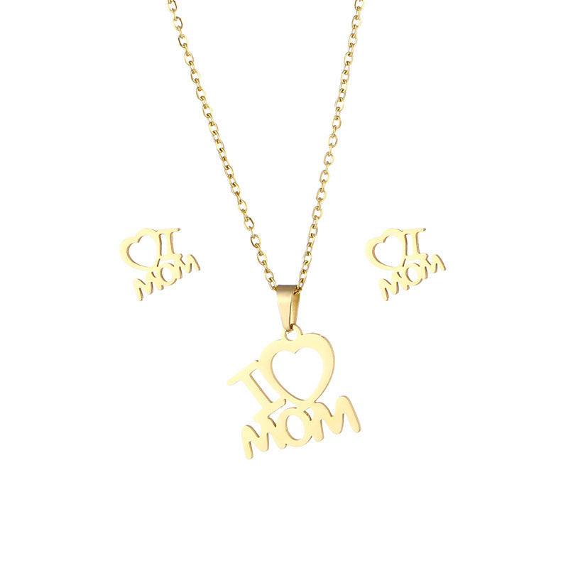 Mother’s Day Jewelry Set | Stainless Steel I Love Mom Heart Necklace & Earrings