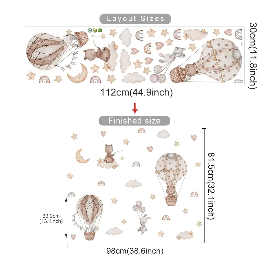 Cartoon Hot Air Balloon Wall Stickers | Animals, Bear & Rabbits Decals for Nursery