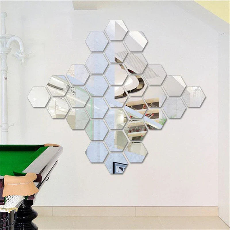 Hexagon Mirror Wall Decals (12PC) | DIY Self-Adhesive Living Room Decoration