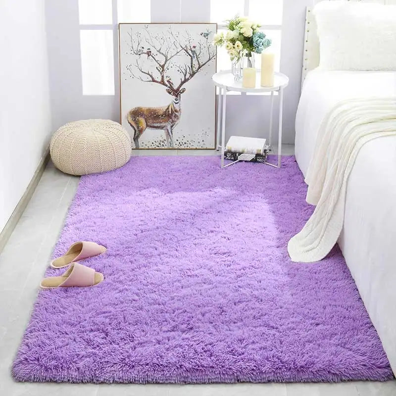 Soft Pink Kids Bedroom Rug | Cute Girls Floor Mat & White Fluffy Bedside Carpet