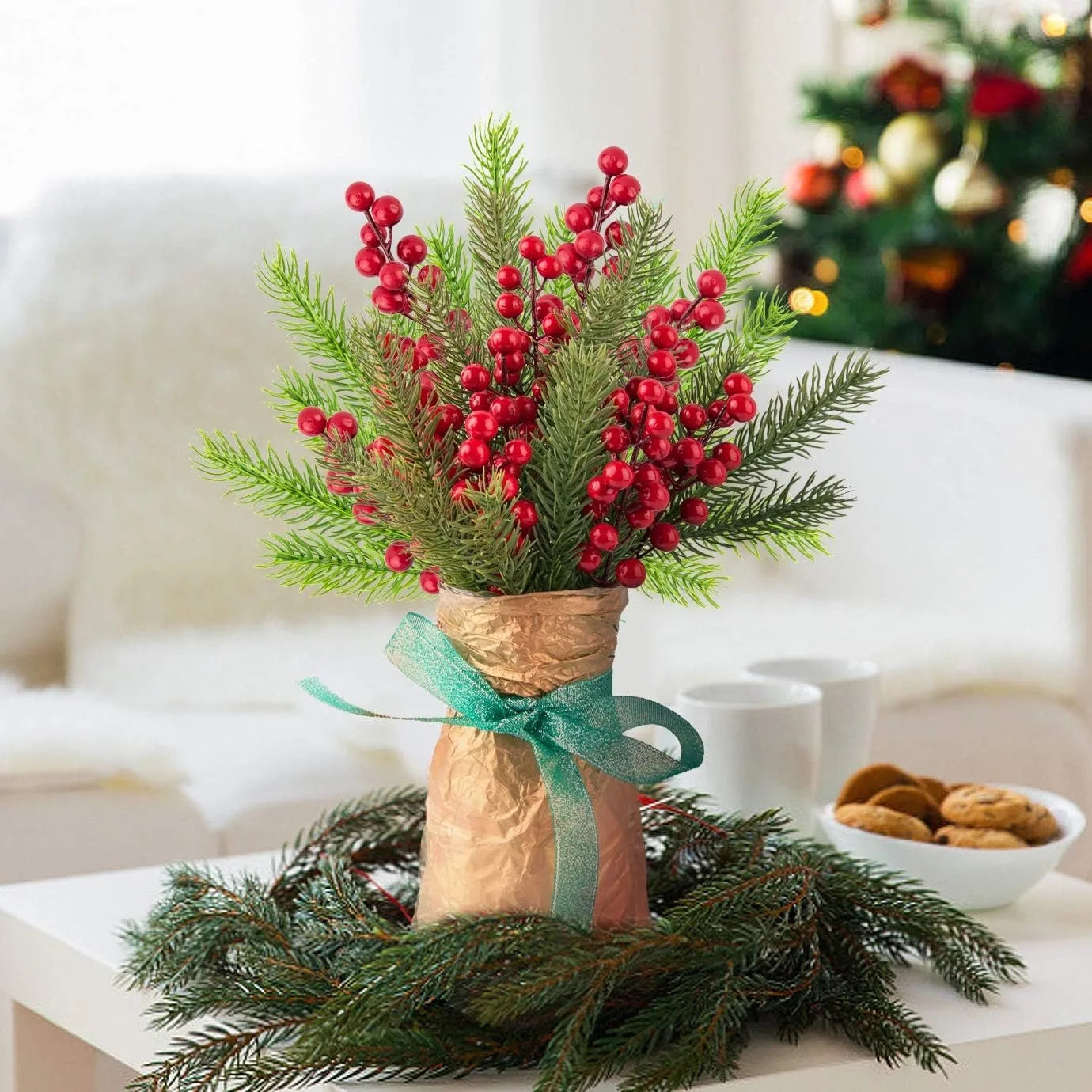 Christmas Tree Decoration Set (10PC) | Artificial Pine & Red Berry Branches