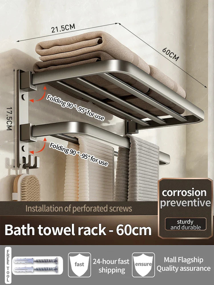Thickened Grey/Black Bath Towel Rack | Wall Mount Space Aluminium Storage