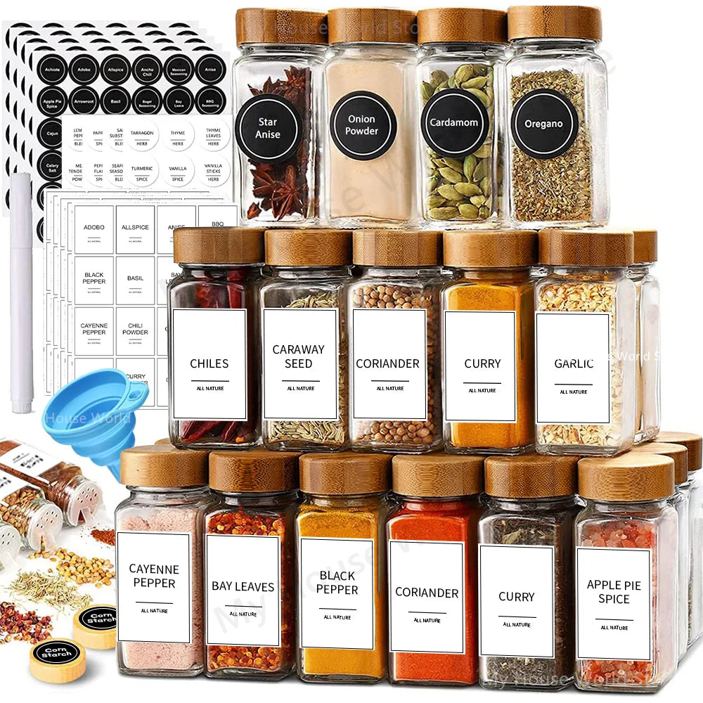 Modern Spice Jar Set | 13 Glass Storage Bottles with Bamboo Lids