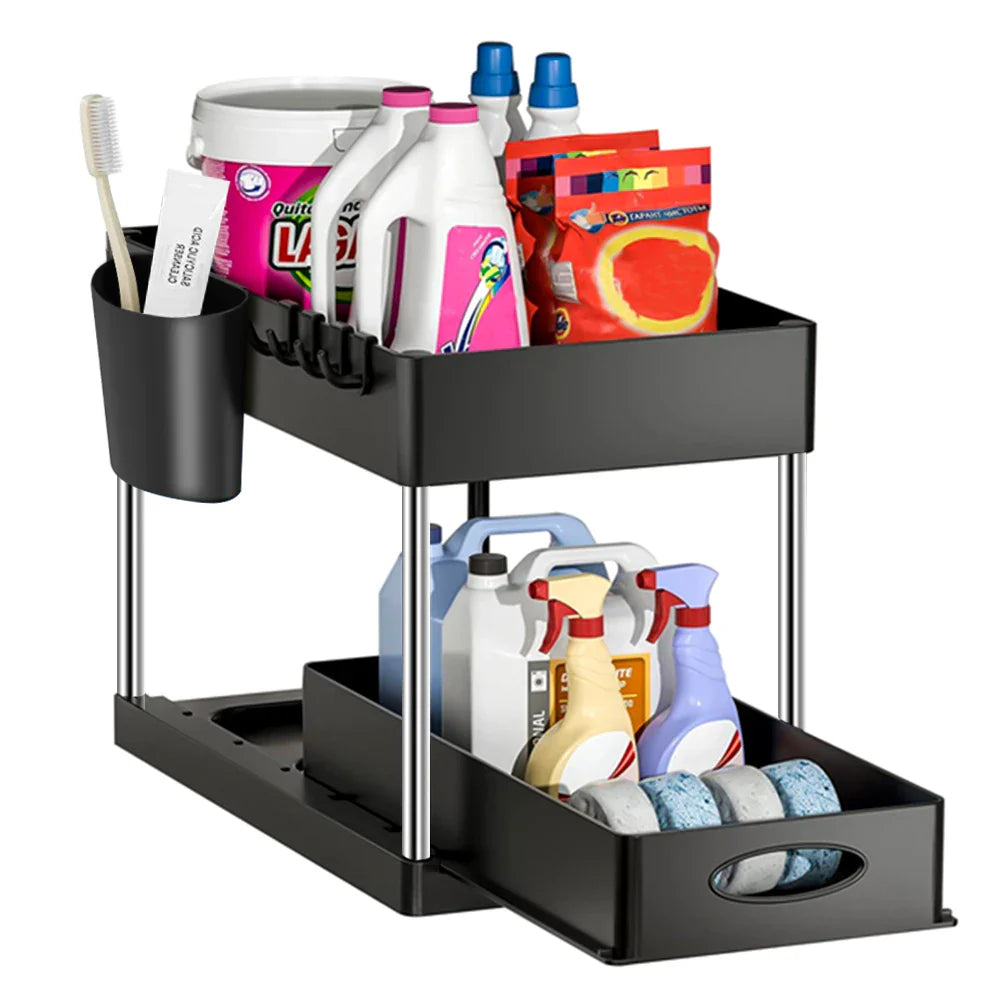 Hanging Cup & Hooks Cabinet Organizer | 2-Tier Sliding Under Sink Rack