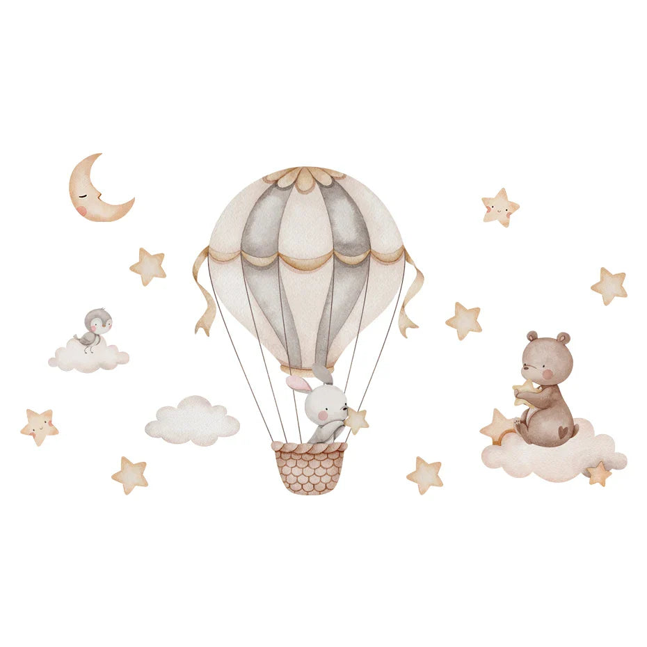 Cartoon Hot Air Balloon Wall Stickers | Animals, Bear & Rabbits Decals for Nursery