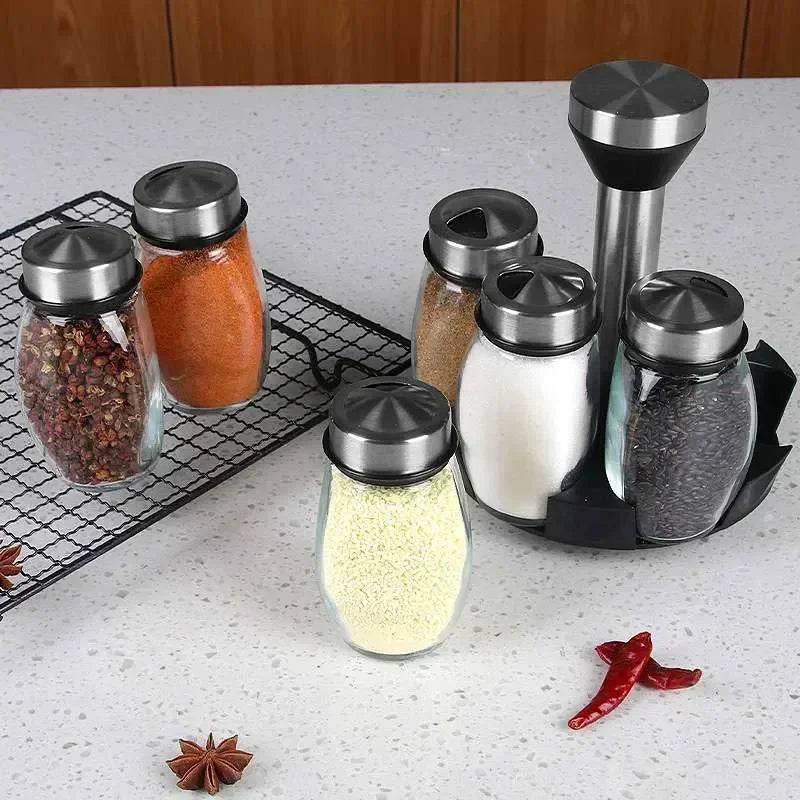 Modern Glass Seasoning Rack | Rotating Storage Holder with Salt Shakers