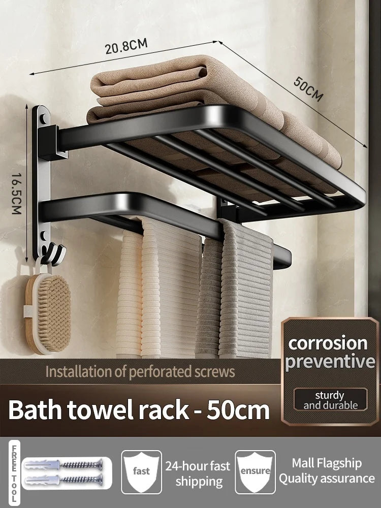 Thickened Grey/Black Bath Towel Rack | Wall Mount Space Aluminium Storage