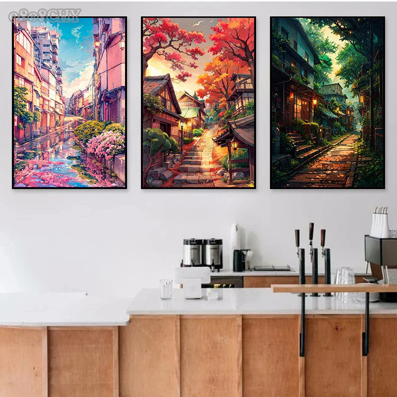 Modern Wall Art Prints | Japanese Street Scenery & Cherry Blossom Canvas