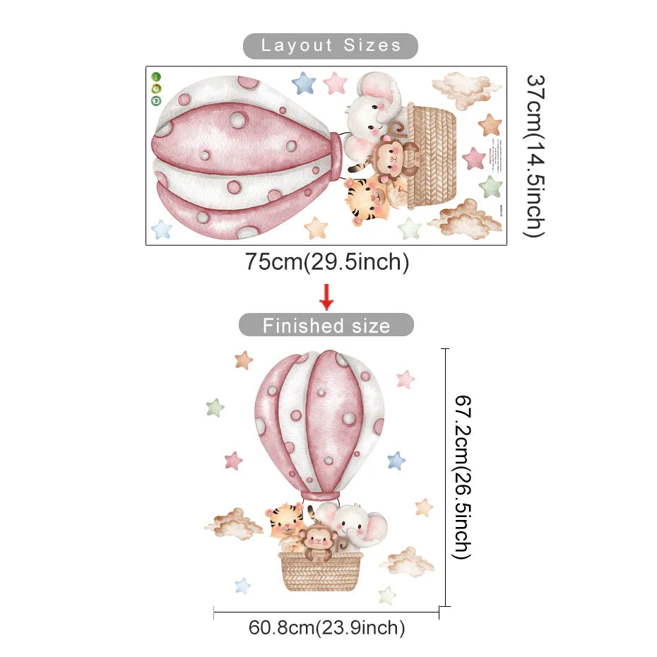 Cartoon Hot Air Balloon Wall Stickers | Animals, Bear & Rabbits Decals for Nursery