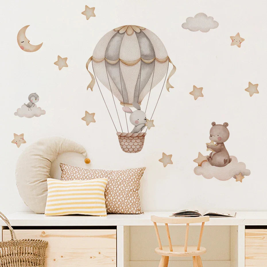 Cartoon Hot Air Balloon Wall Stickers | Animals, Bear & Rabbits Decals for Nursery