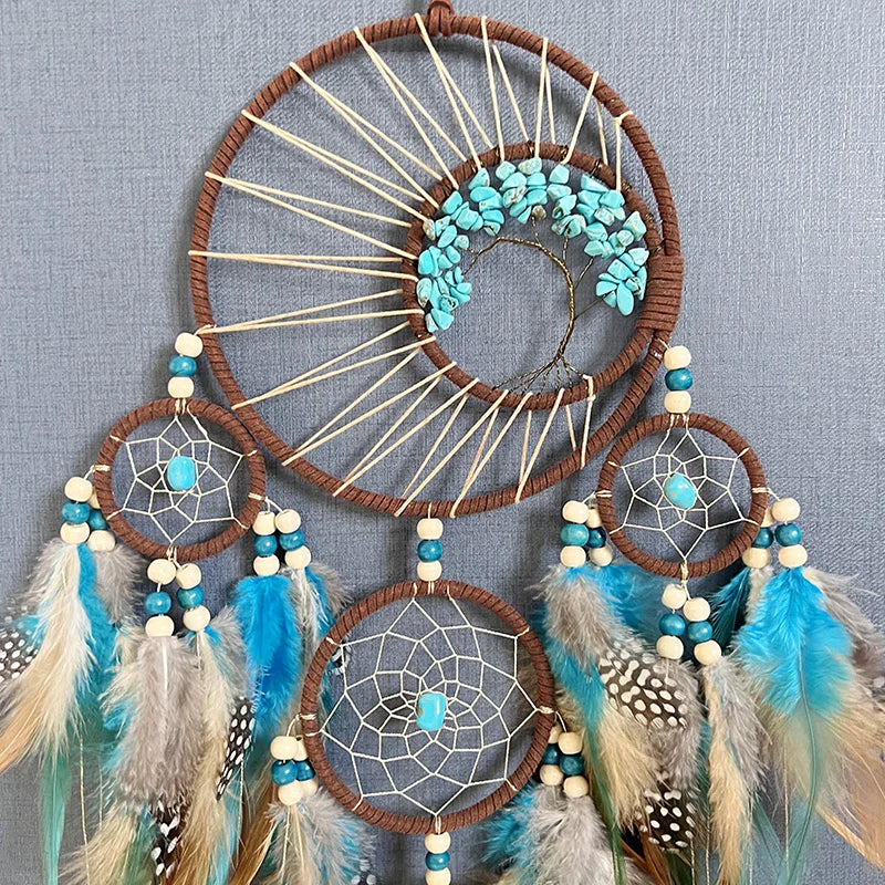 Tree of Life Dream Catcher | Natural Stone & Feather Wall Ornament Gift