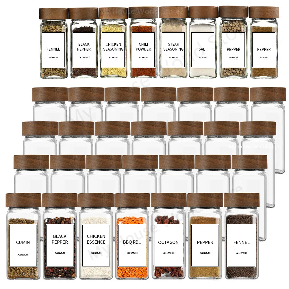 Modern Spice Jar Set | 13 Glass Storage Bottles with Bamboo Lids