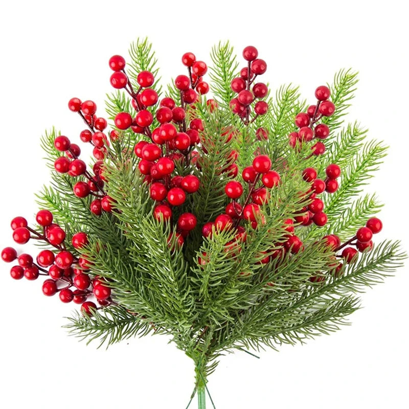 Christmas Tree Decoration Set (10PC) | Artificial Pine & Red Berry Branches