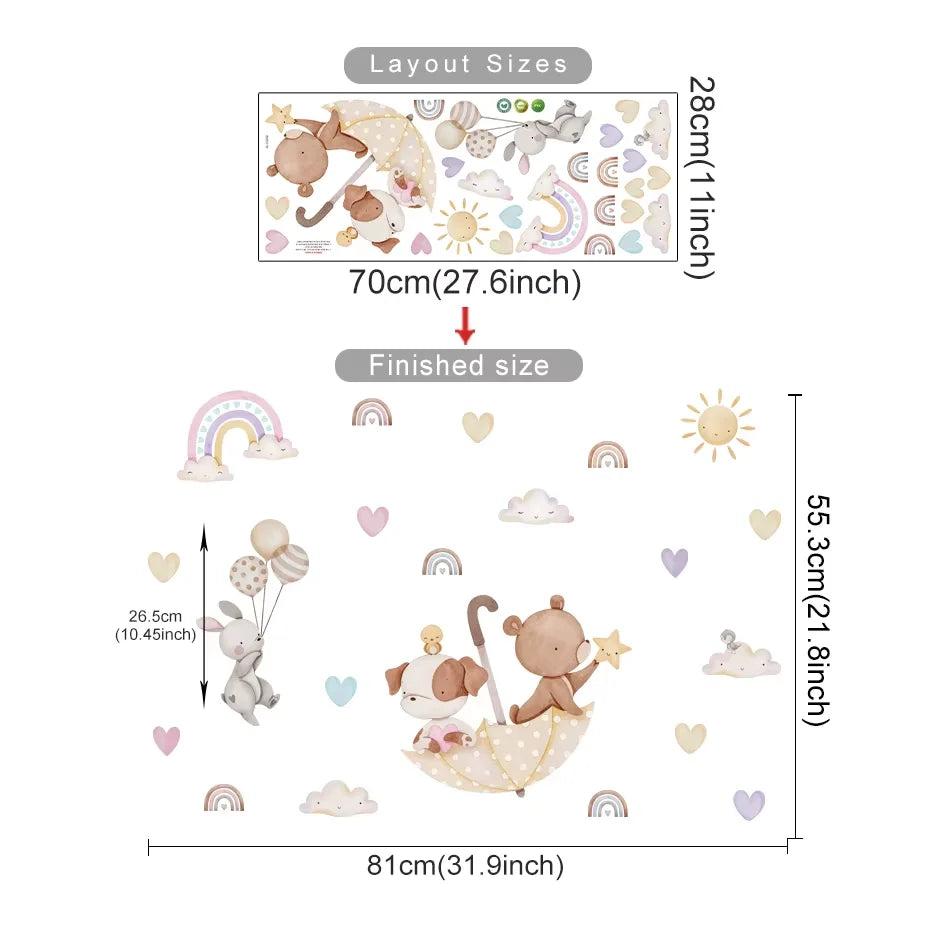 Cartoon Hot Air Balloon Wall Stickers | Animals, Bear & Rabbits Decals for Nursery