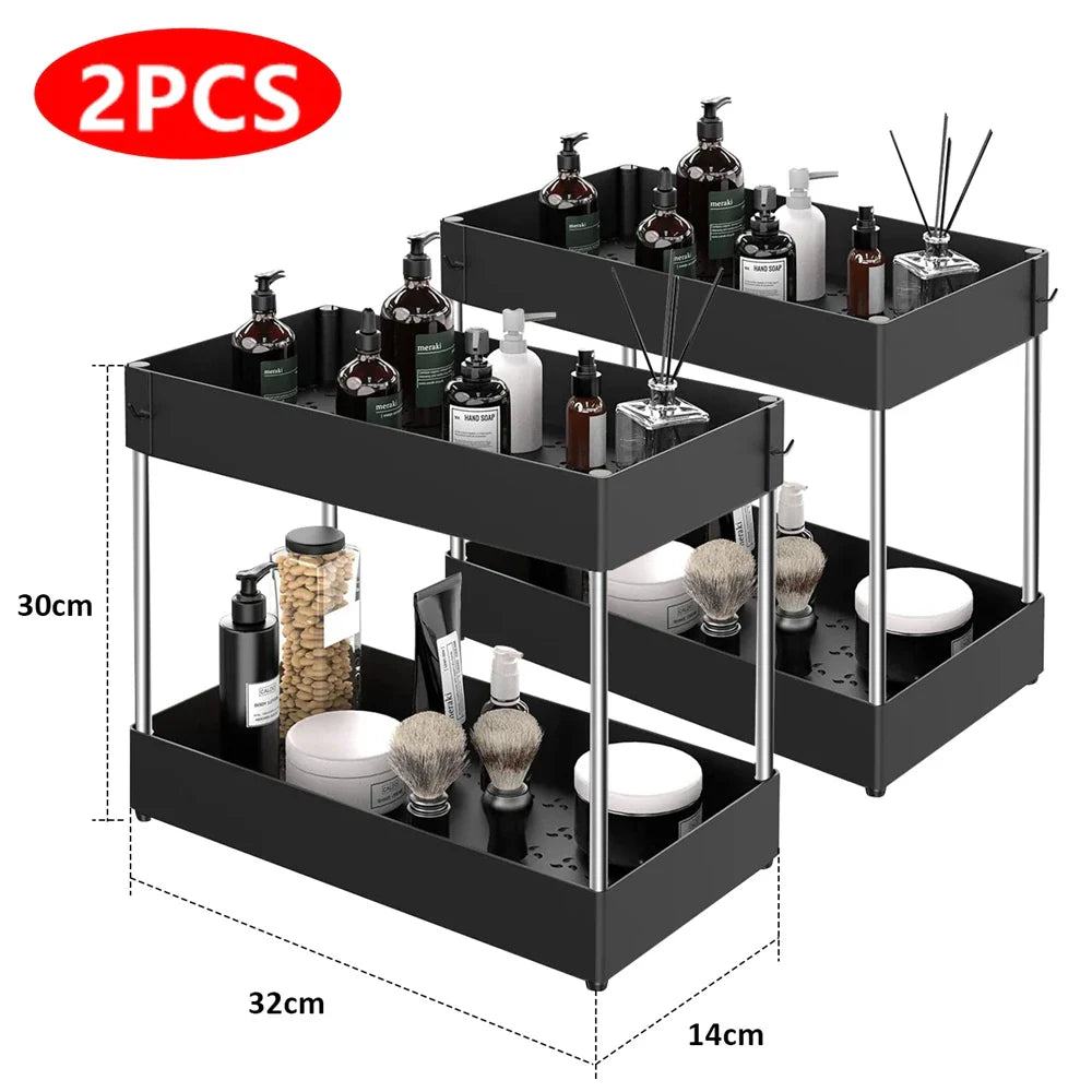 Hanging Cup & Hooks Cabinet Organizer | 2-Tier Sliding Under Sink Rack