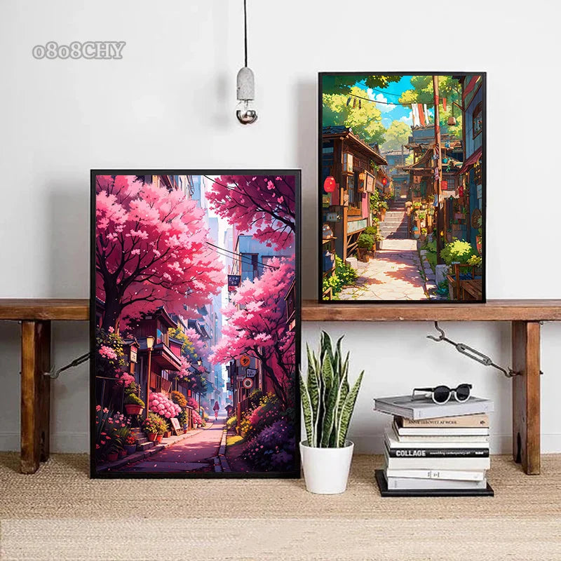 Modern Wall Art Prints | Japanese Street Scenery & Cherry Blossom Canvas