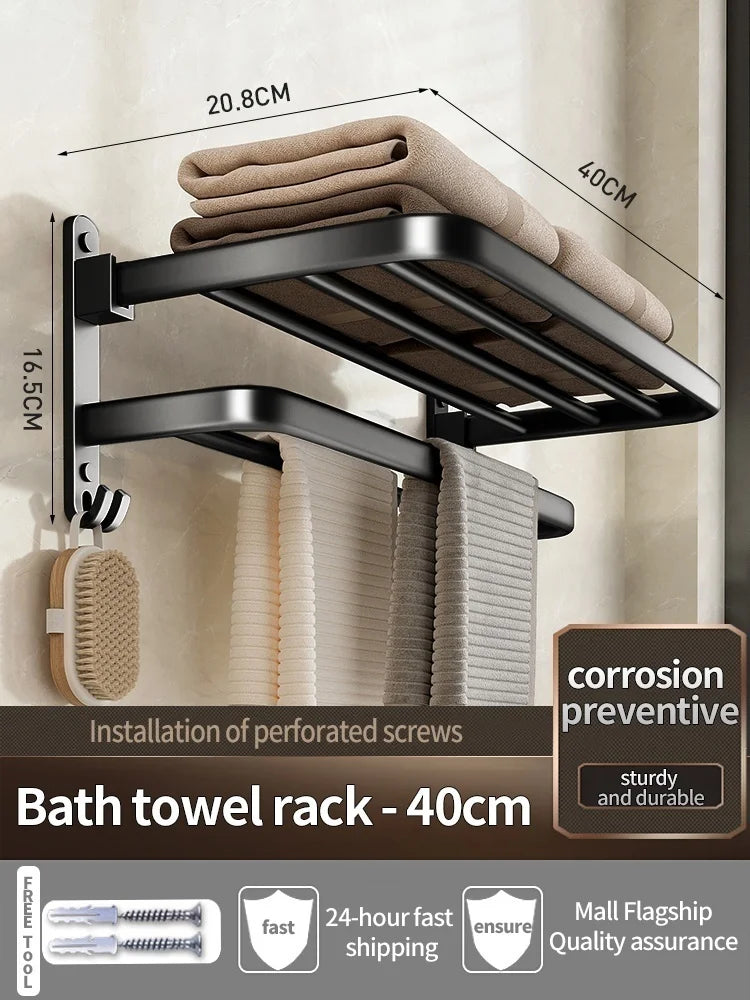 Thickened Grey/Black Bath Towel Rack | Wall Mount Space Aluminium Storage