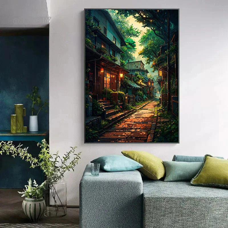 Modern Wall Art Prints | Japanese Street Scenery & Cherry Blossom Canvas