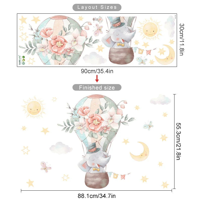 Cartoon Hot Air Balloon Wall Stickers | Animals, Bear & Rabbits Decals for Nursery