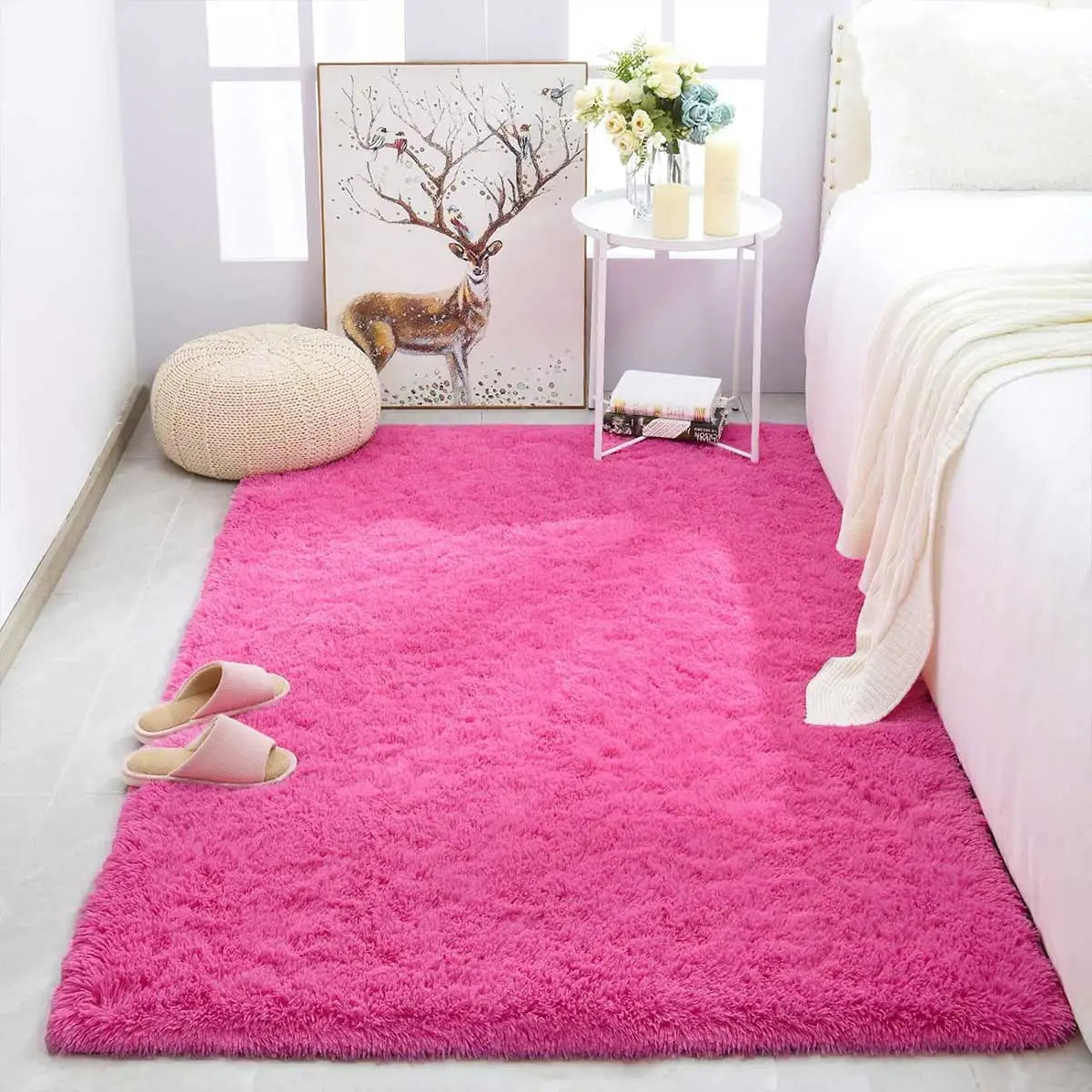 Soft Pink Kids Bedroom Rug | Cute Girls Floor Mat & White Fluffy Bedside Carpet