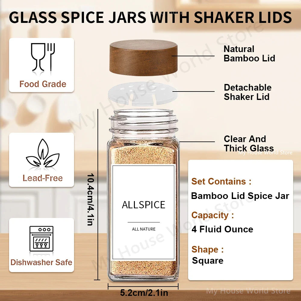 Modern Spice Jar Set | 13 Glass Storage Bottles with Bamboo Lids