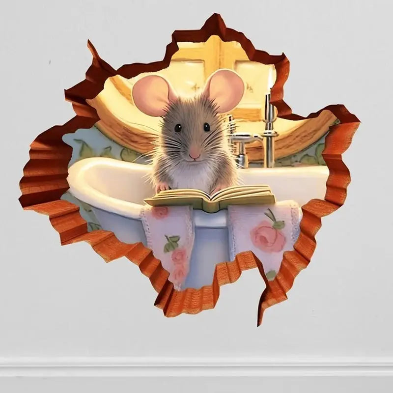 Whimsical Mouse Reading Book in Wall Hole Decal | Cute Mouse Hole Sticker