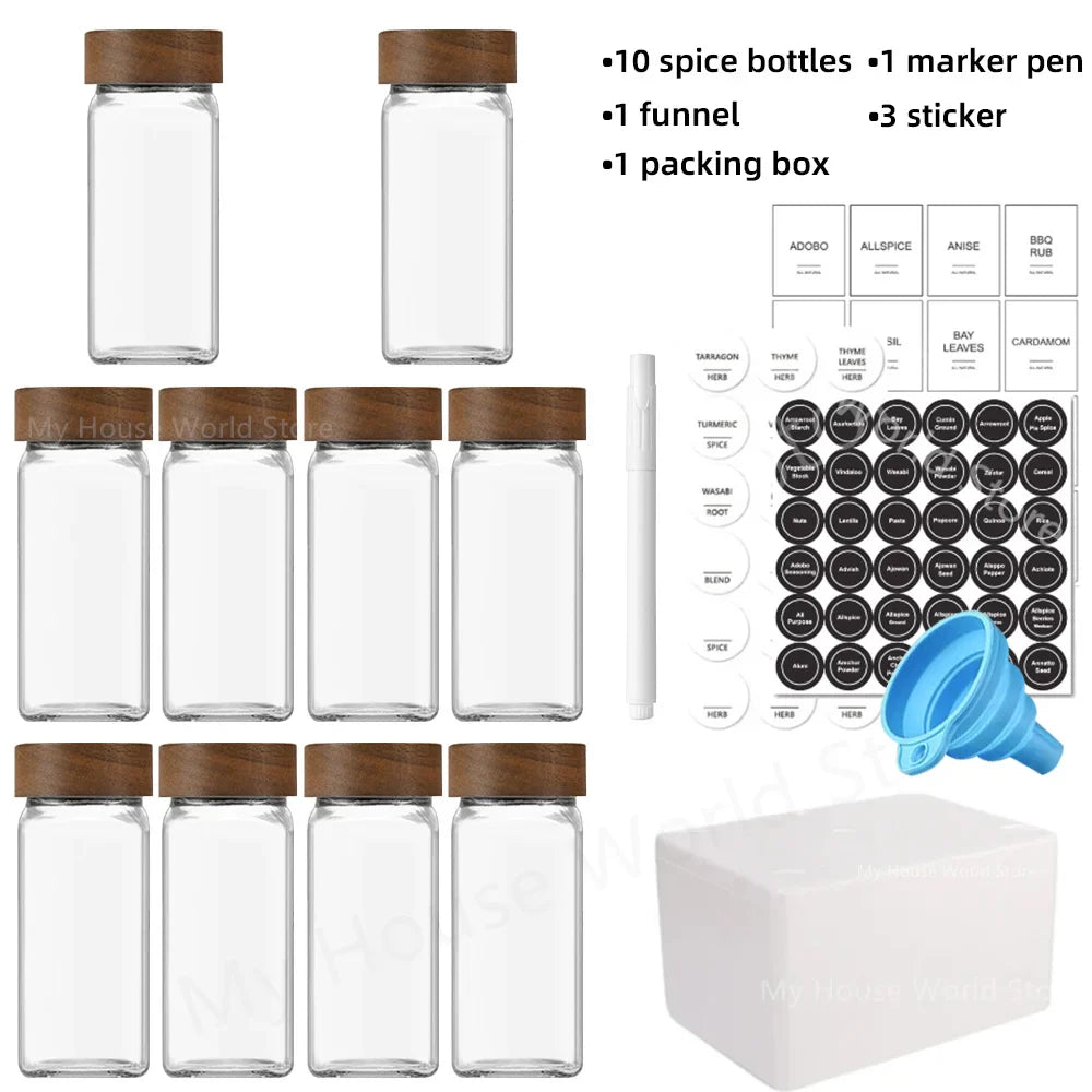 Modern Spice Jar Set | 13 Glass Storage Bottles with Bamboo Lids