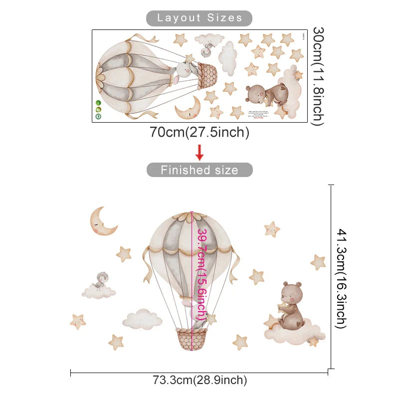 Cartoon Hot Air Balloon Wall Stickers | Animals, Bear & Rabbits Decals for Nursery