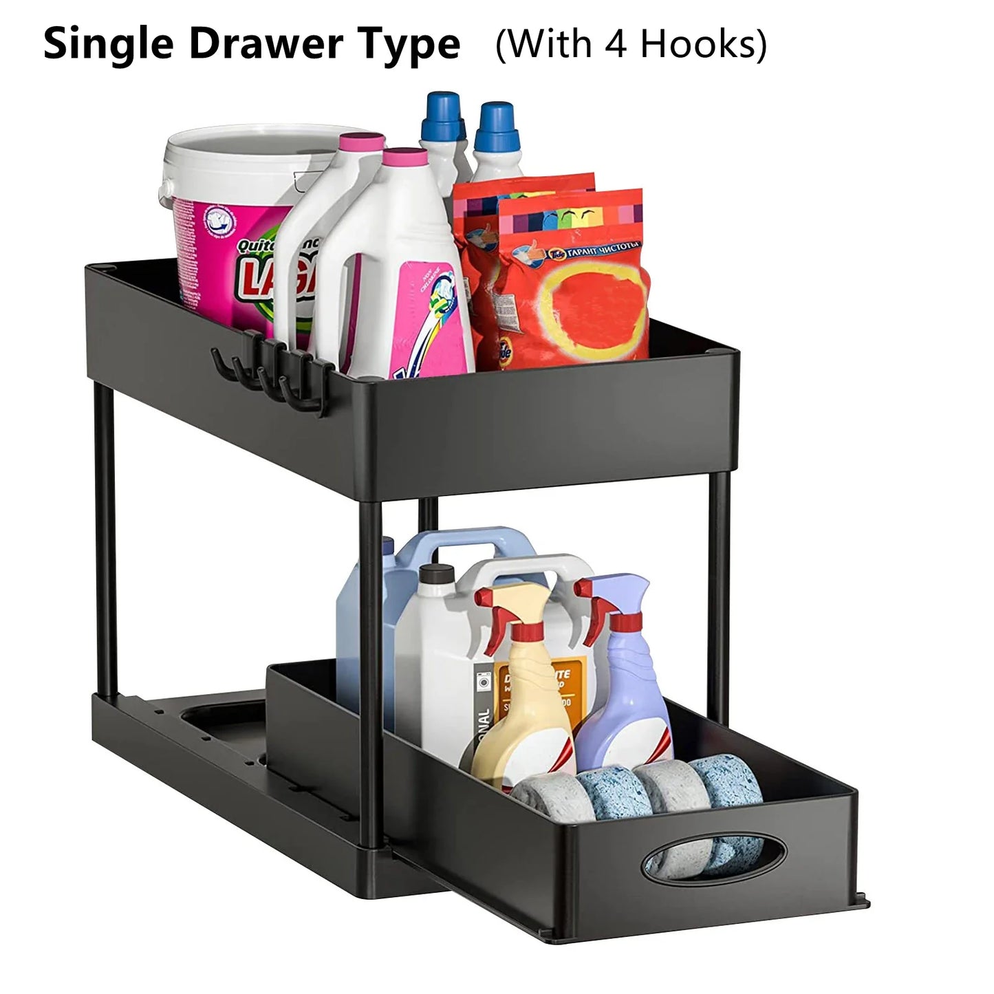 Hanging Cup & Hooks Cabinet Organizer | 2-Tier Sliding Under Sink Rack