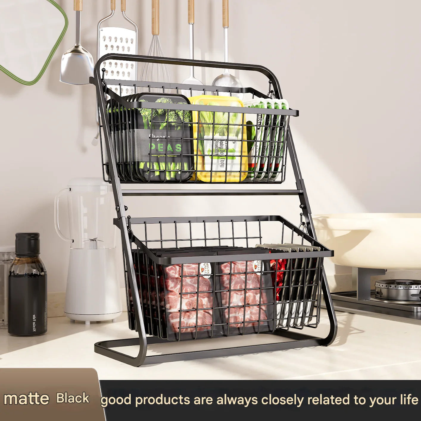 Household Black Multi-Tier Vegetable & Fruit Storage Basket | Floor Rack