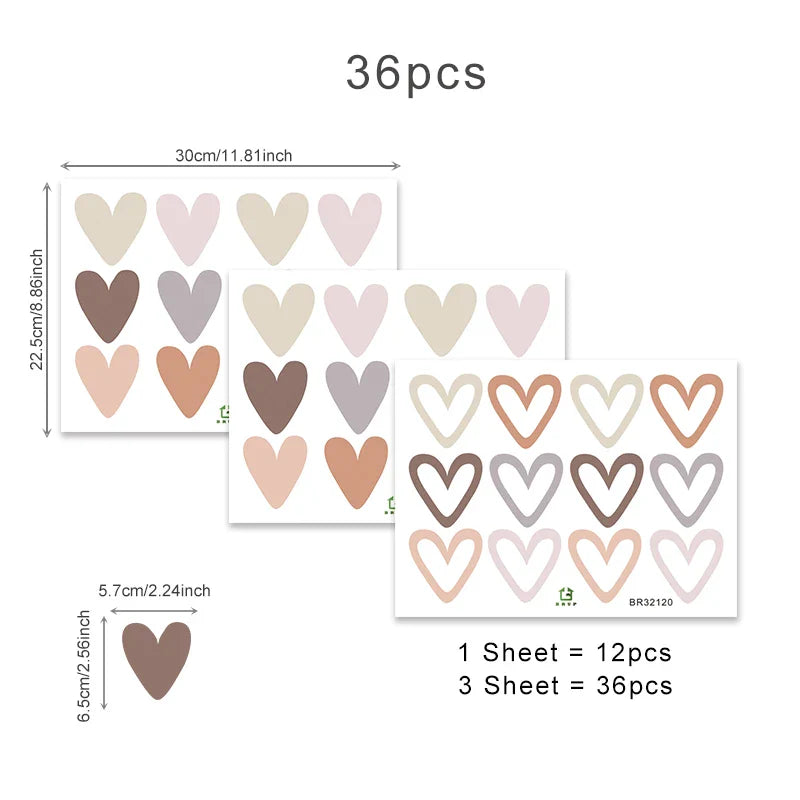 Trendy 36pc Heart Shape Wall Stickers | Boho Decor for Living Room & Kids Room