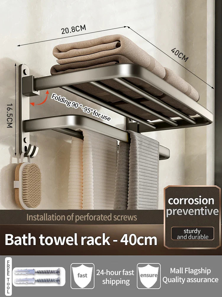 Thickened Grey/Black Bath Towel Rack | Wall Mount Space Aluminium Storage